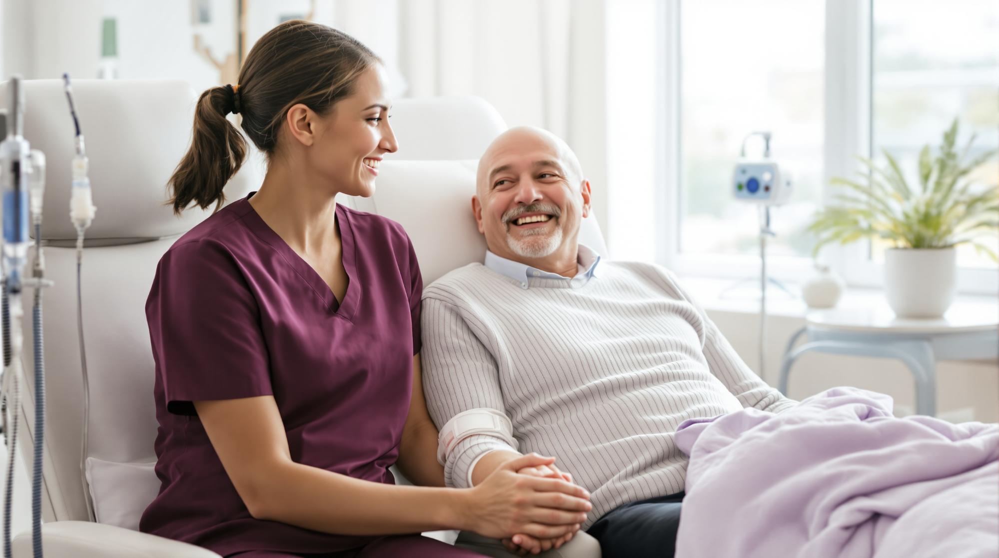 A compassionate oncology nurse in aubergine scrubs sits beside a patient receiving chemotherapy, holding his hand and offering support in a bright, modern treatment room.
