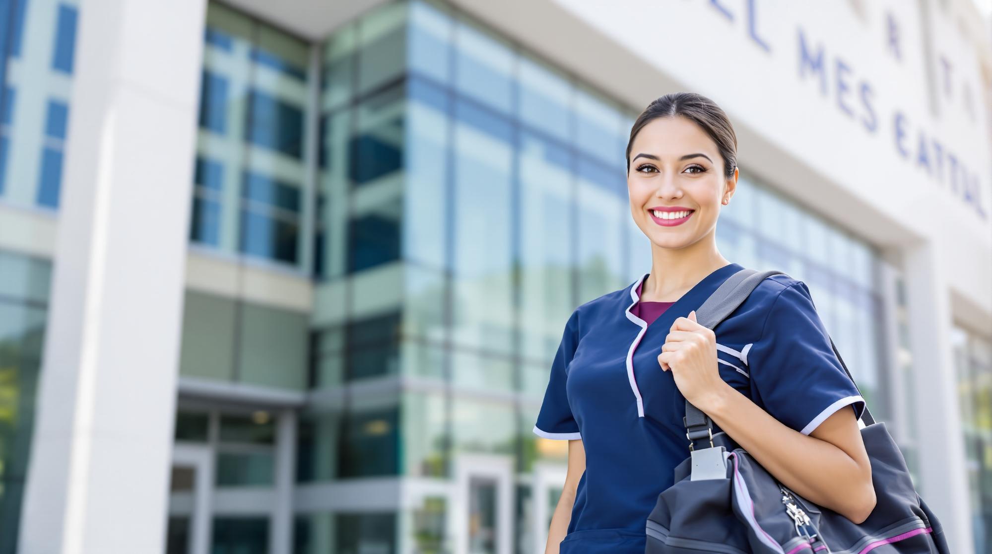 A confident nurse in navy blue scrubs stands outside a modern hospital with a duffel bag, smiling and radiating optimism on a sunny day.
