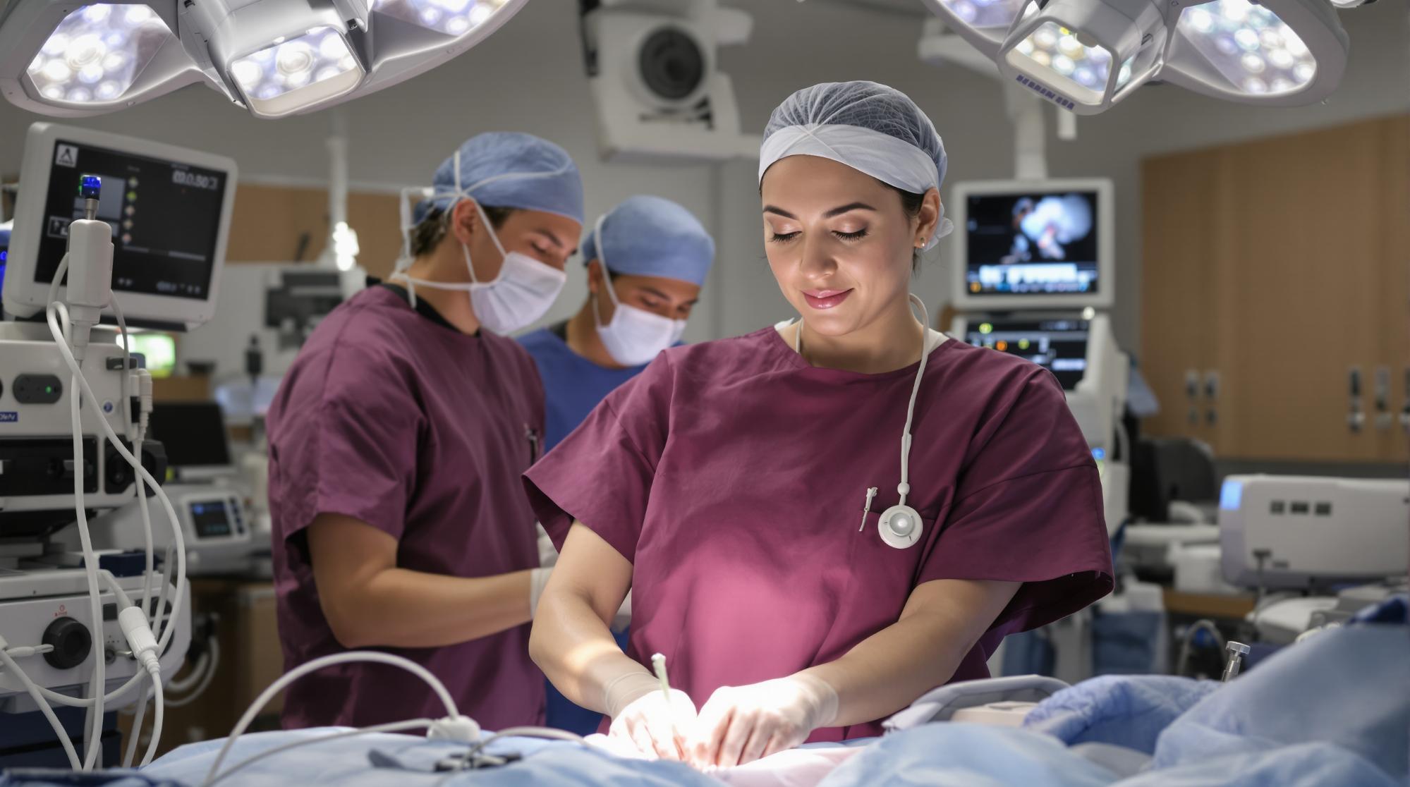A dynamic hospital operating room scene featuring a confident travel nurse in deep aubergine scrubs assisting at the operating table, surrounded by a diverse team of healthcare professionals. Advanced surgical equipment and monitors are visible in the clean, modern background.