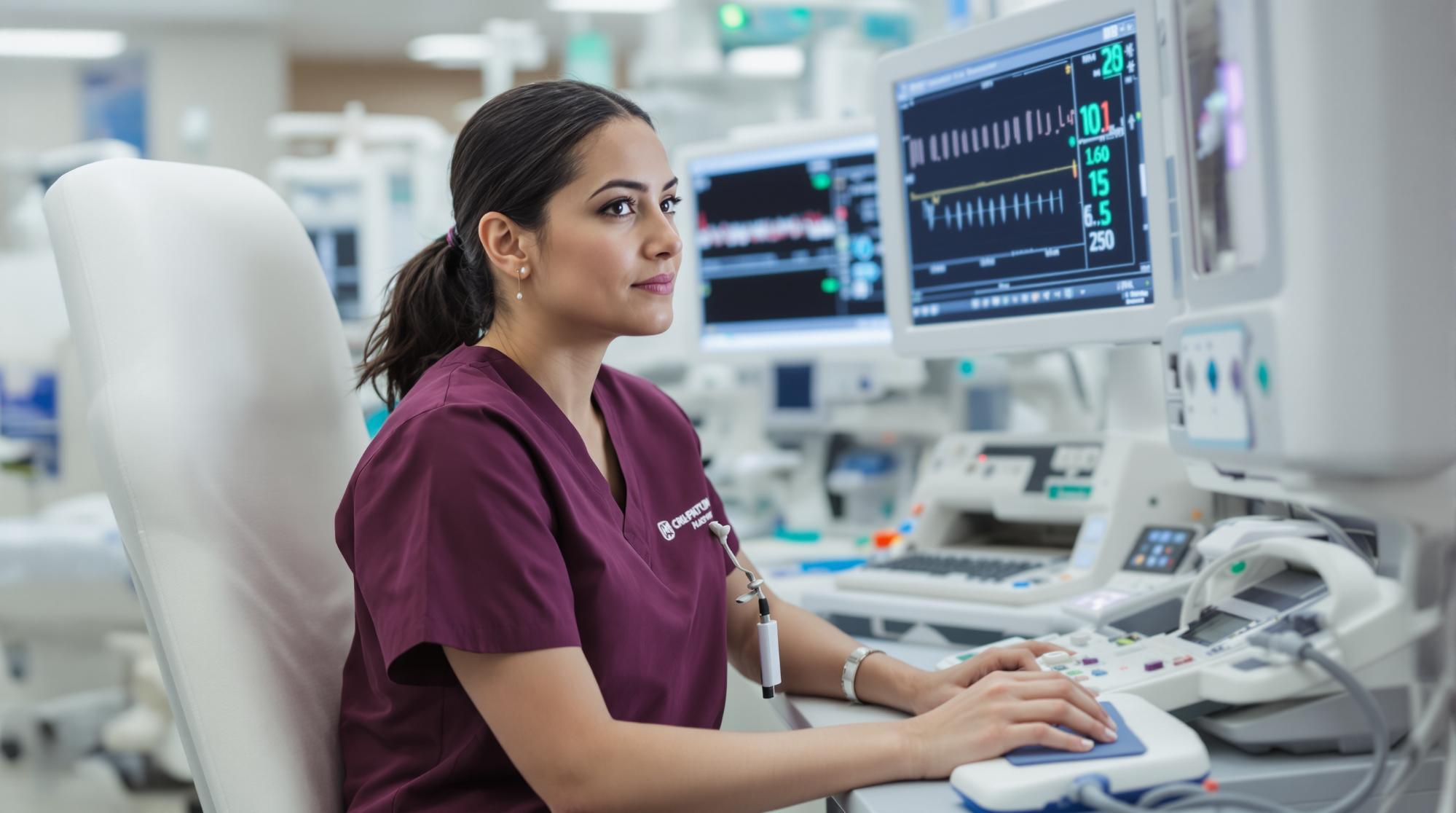 A focused ICU nurse in her mid-30s monitors patient vital signs on advanced equipment in a modern critical care unit, wearing deep aubergine scrubs and seated at a high-tech workstation.