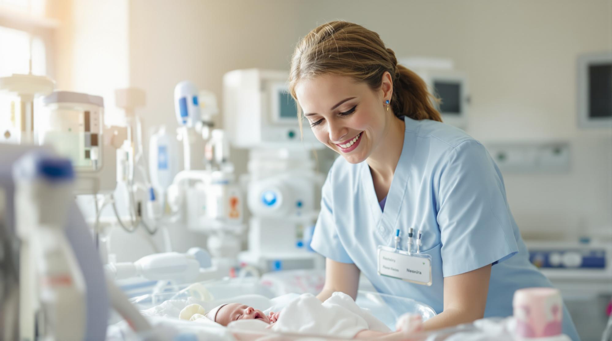 A NICU nurse in light blue scrubs attentively monitors a premature infant inside an incubator in a clean, softly lit hospital room.