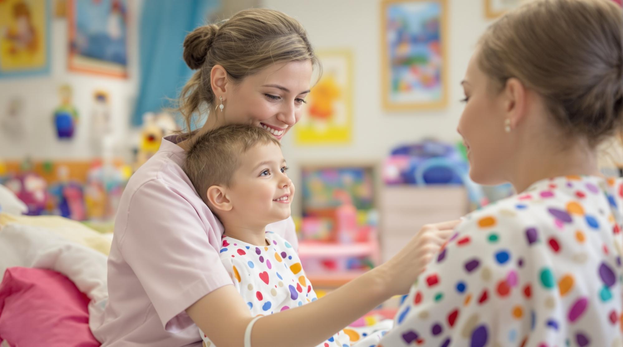 A pediatric nurse gently checks the vitals of a young boy in a cheerful, colorful hospital room. The nurse smiles warmly while the child looks up at her with a calm expression. The room features bright decor, playful wall art, and a few toys, creating a comforting atmosphere.