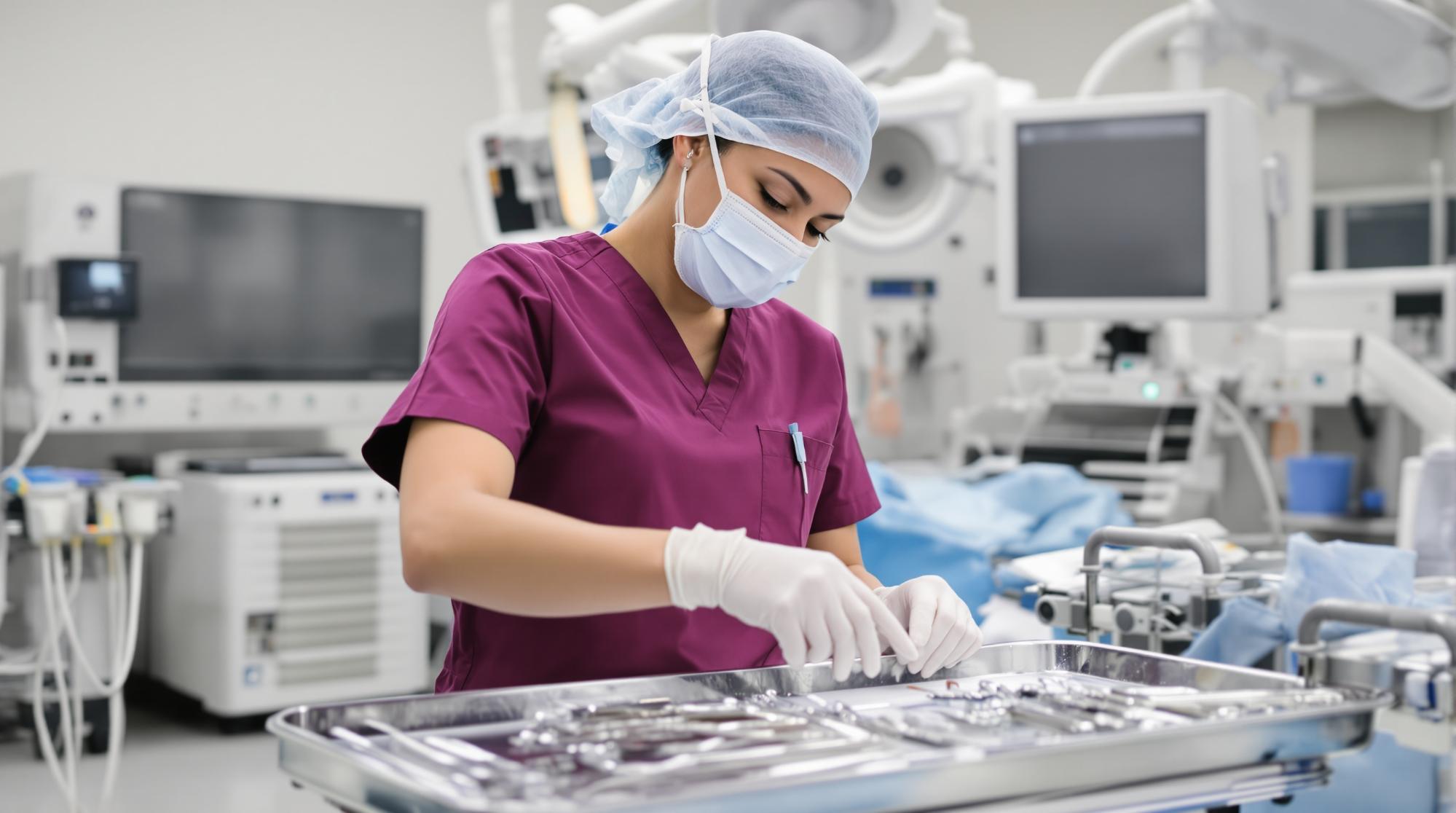 A professional operating room nurse in deep aubergine scrubs carefully arranging surgical instruments on a sterile tray in a bright, modern operating room.